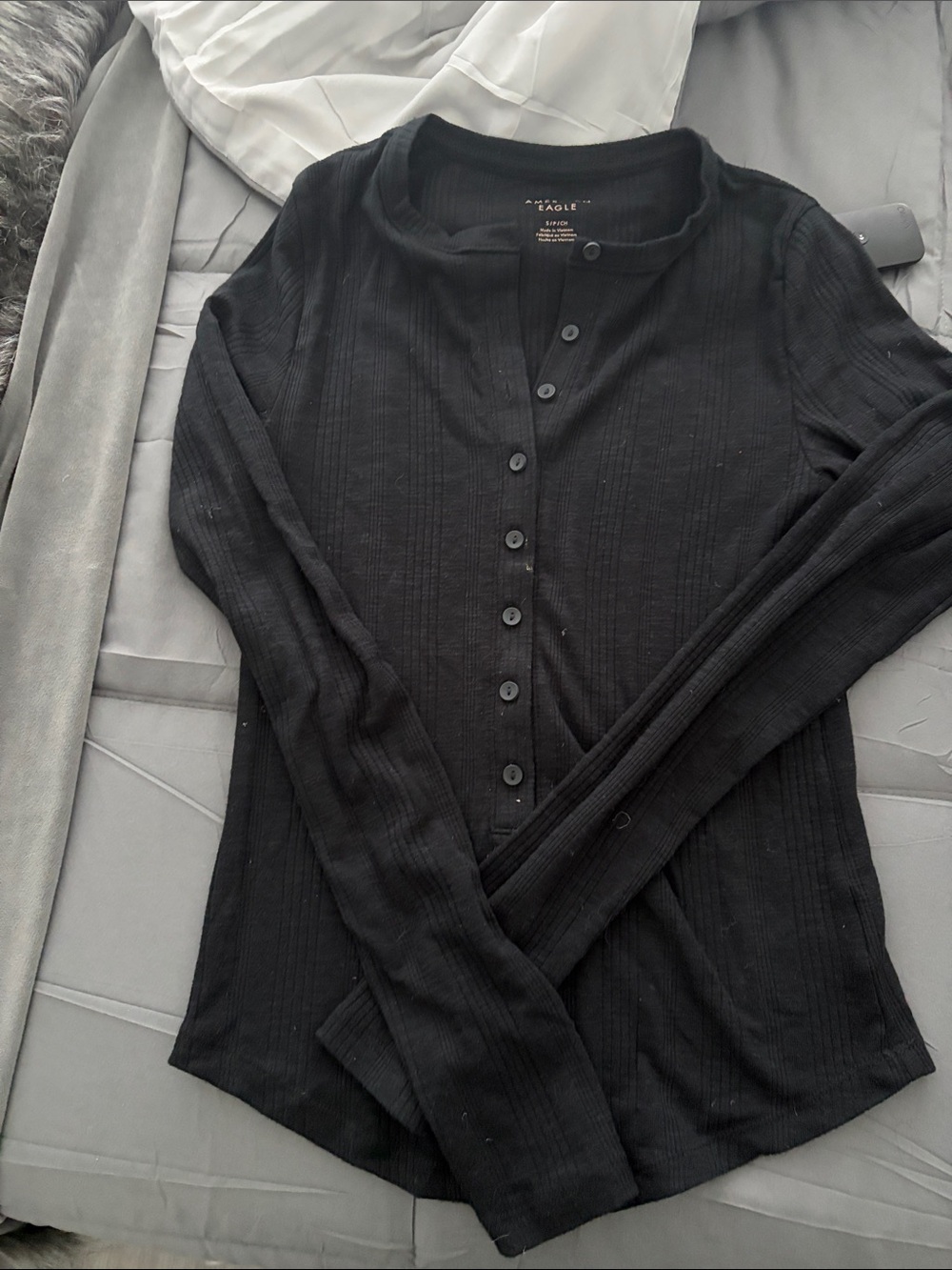 American Eagle Black Ribbed Button-Down Long Sleeve Top Henley